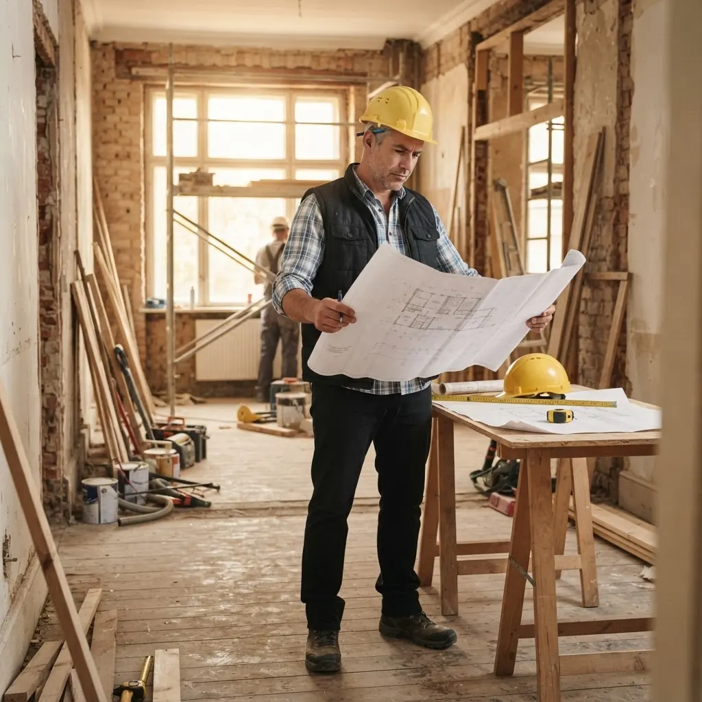 Propriétaire examinant des travaux de rénovation dans un immeuble locatif ancien