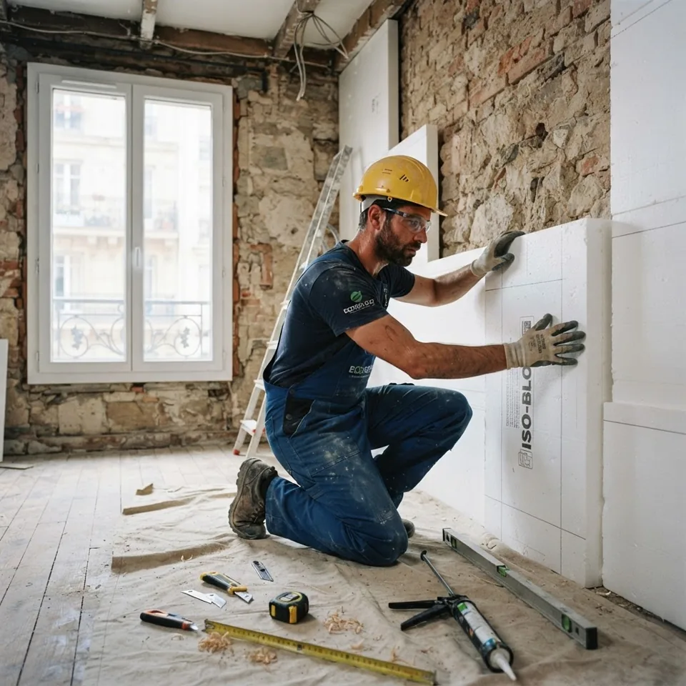 Artisan installant une isolation thermique lors de travaux de rénovation énergétique