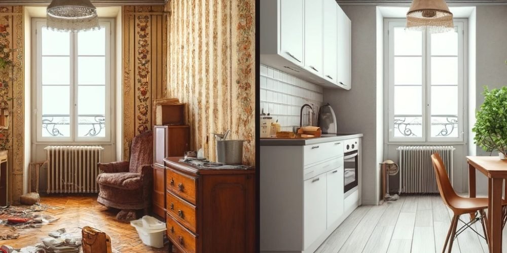 Before and after renovation of an apartment in Annecy. The 'before' image shows an old, outdated apartment with worn-out floors, old-fashioned wallpap